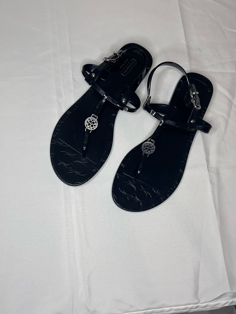 Coach Black Patent Leather T-Strap Sandals with Silver Logo